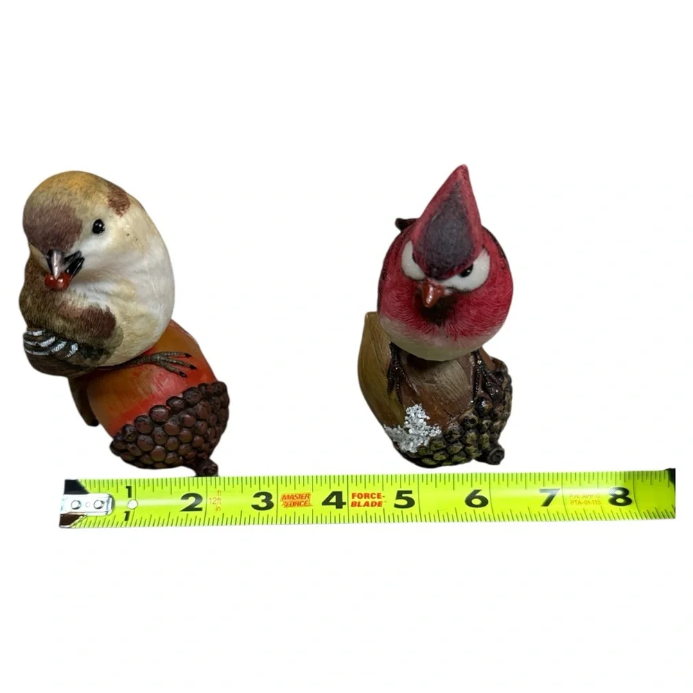 Cardinal & Finch Bird Acorn‎ Figurines Set Hand Painted Resin Fall Winter Decor